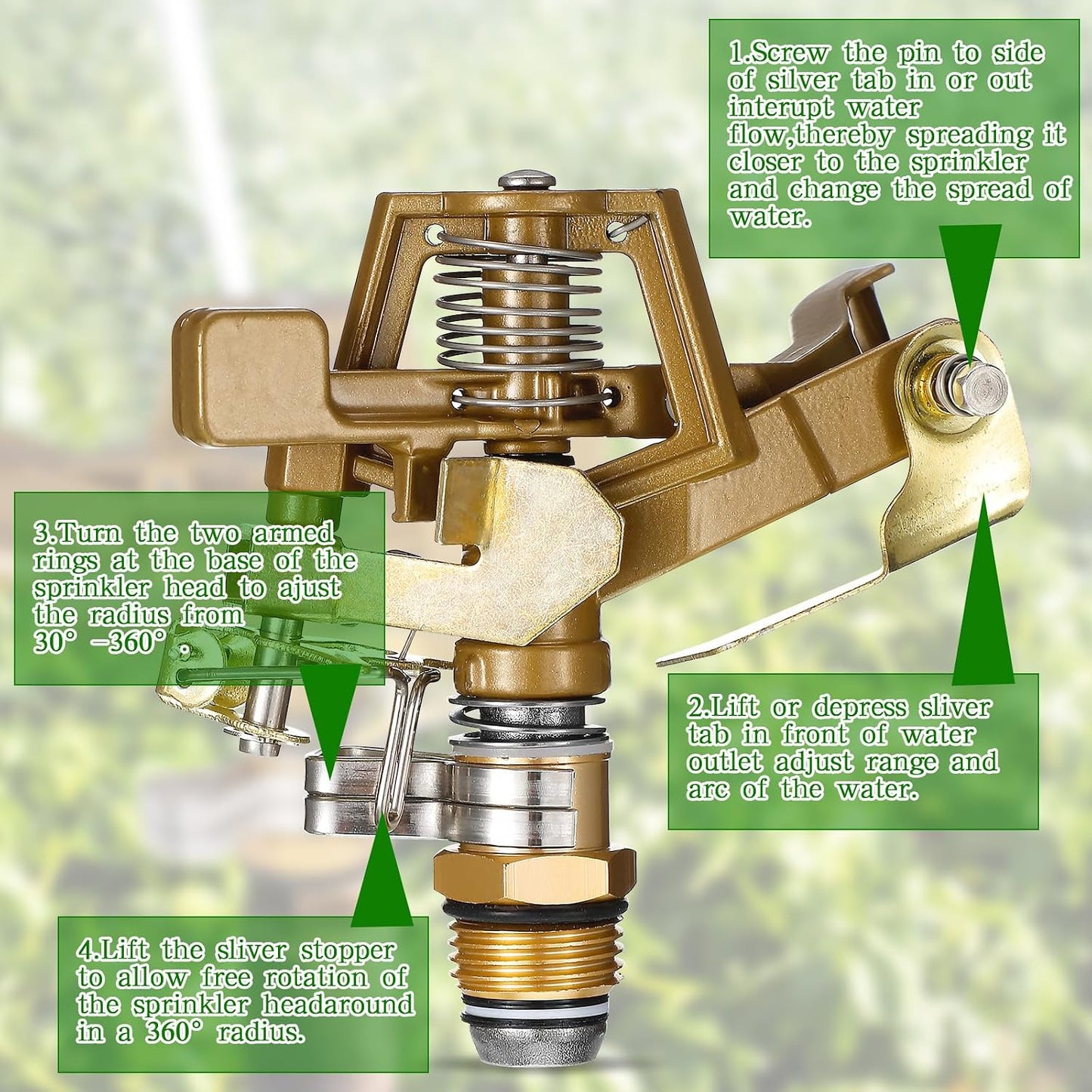 2 Pieces 1/2 Inch Brass Impact Sprinkler Head with Nozzles Heavy Duty Adjustable 0-360 Degrees Impulse Sprinkler Head Lawn Watering for Yard Irrigation