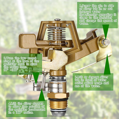 2 Pieces 1/2 Inch Brass Impact Sprinkler Head with Nozzles Heavy Duty Adjustable 0-360 Degrees Impulse Sprinkler Head Lawn Watering for Yard Irrigation
