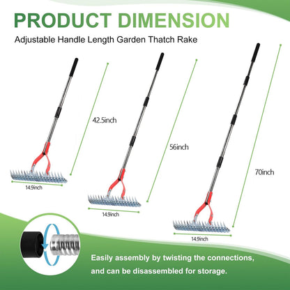 Thatch Rake, 15-Inch Wide dethatcher rake for Cleaning Dead Grass, Adjustable Dead Grass rake for Yard Lawn,thatch rakes for lawns with Stainless Steel Handle, Yard dethatcher rakes, 70-Inch Length.