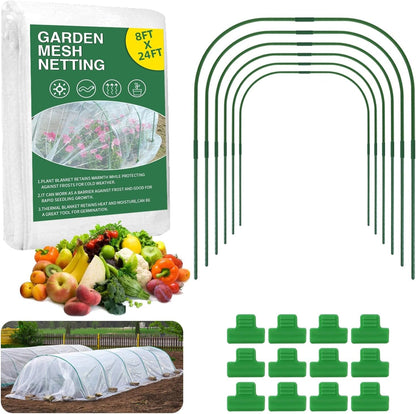 Garden Netting Kit for Raised Beds, 8x24Ft Ultra Fine Mesh Netting with 6 Sets Garden Hoops, Plant Row Cover Insect Netting Birds Pest Barrier Net for Vegetable Fruit Flowers
