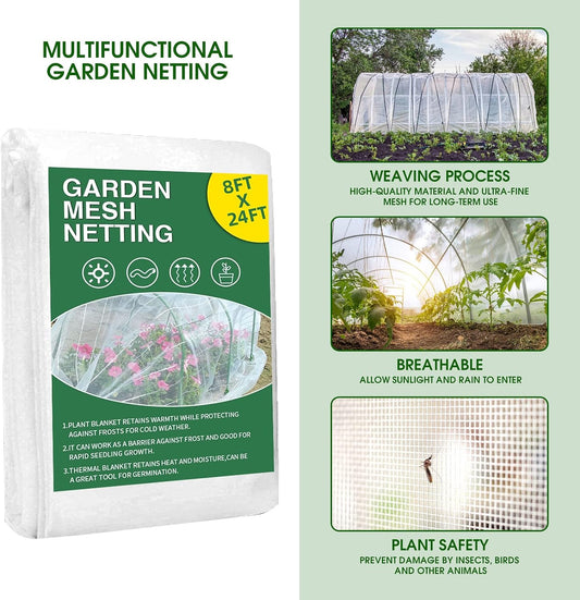 Garden Netting Kit for Raised Beds, 8x24Ft Ultra Fine Mesh Netting with 6 Sets Garden Hoops, Plant Row Cover Insect Netting Birds Pest Barrier Net for Vegetable Fruit Flowers