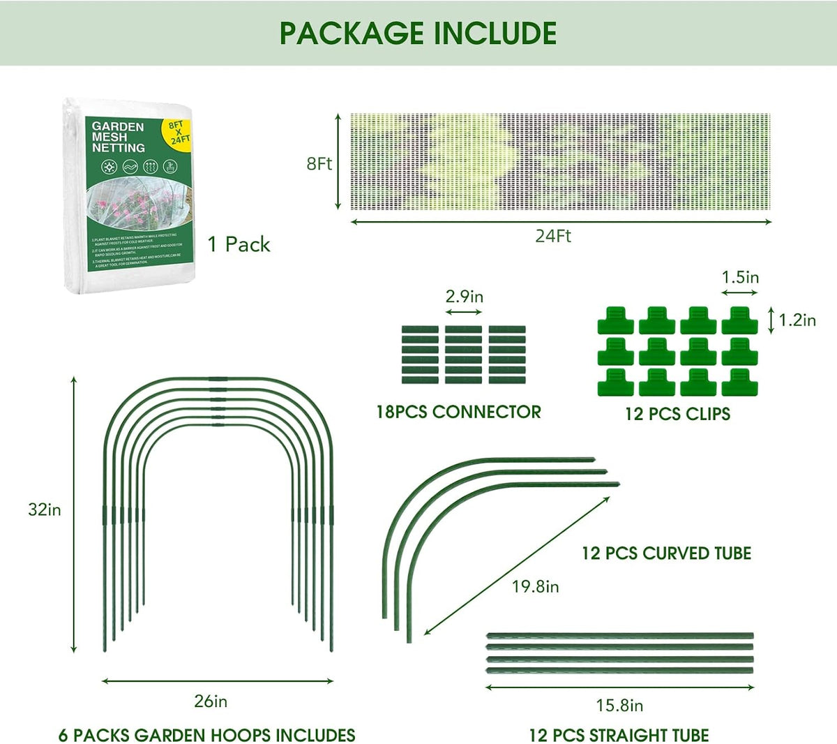 Garden Netting Kit for Raised Beds, 8x24Ft Ultra Fine Mesh Netting with 6 Sets Garden Hoops, Plant Row Cover Insect Netting Birds Pest Barrier Net for Vegetable Fruit Flowers