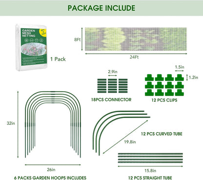 Garden Netting Kit for Raised Beds, 8x24Ft Ultra Fine Mesh Netting with 6 Sets Garden Hoops, Plant Row Cover Insect Netting Birds Pest Barrier Net for Vegetable Fruit Flowers