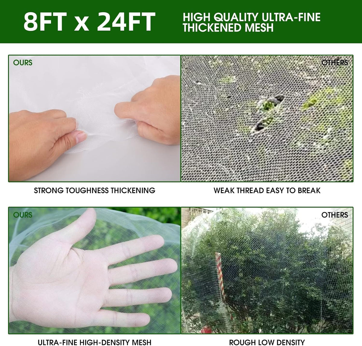 Garden Netting Kit for Raised Beds, 8x24Ft Ultra Fine Mesh Netting with 6 Sets Garden Hoops, Plant Row Cover Insect Netting Birds Pest Barrier Net for Vegetable Fruit Flowers
