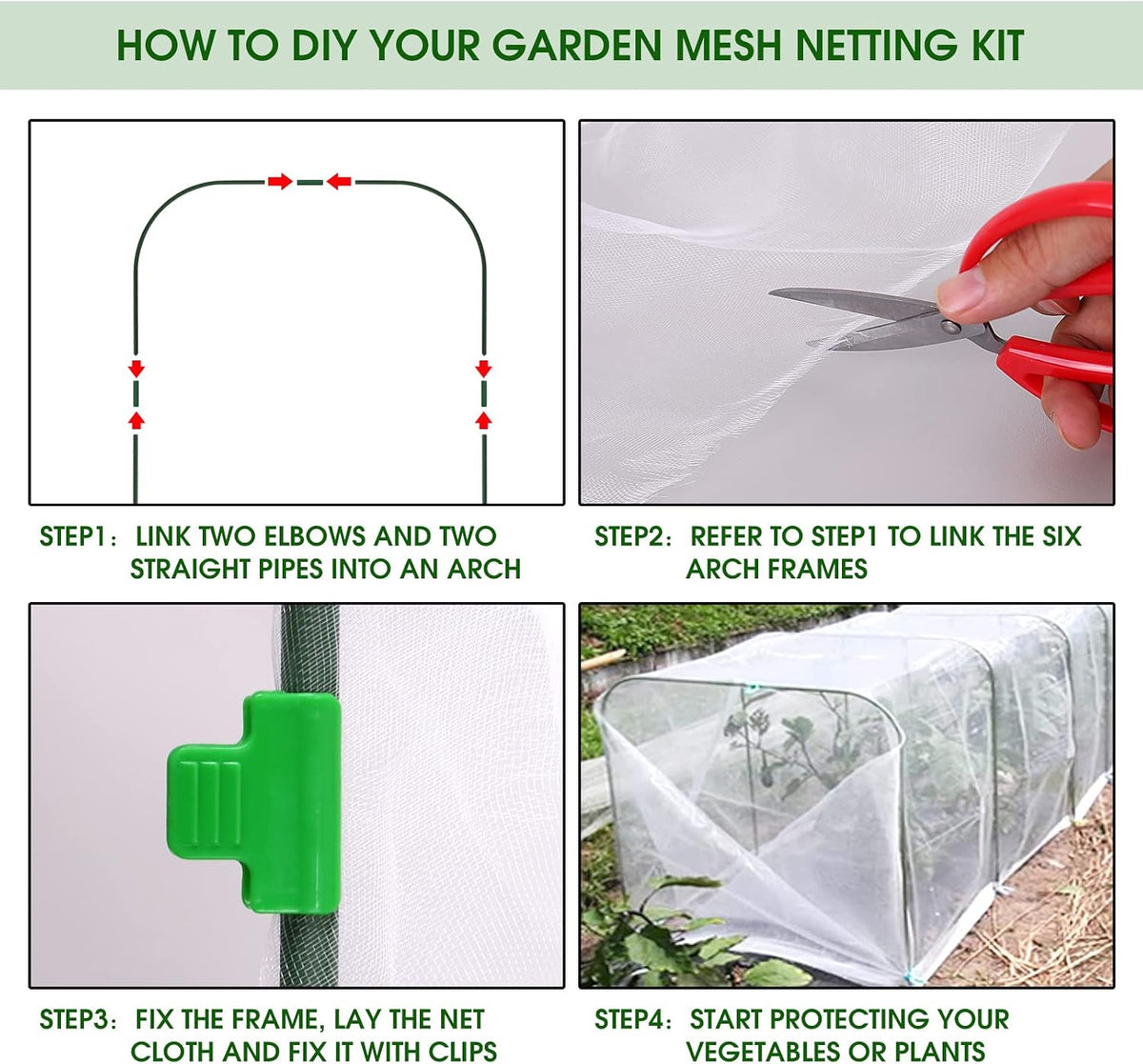 Garden Netting Kit for Raised Beds, 8x24Ft Ultra Fine Mesh Netting with 6 Sets Garden Hoops, Plant Row Cover Insect Netting Birds Pest Barrier Net for Vegetable Fruit Flowers