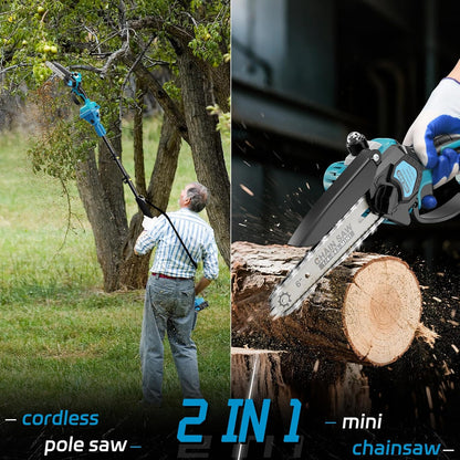 2-in-1 6 IN Electric Pole Saw & Mini Chainsaw, Cordless Battery Pole Saws for Tree Trimming, 21V Cordless Battery Chainsaw Powered with 2 Batteries, Lightweight Tree Trimming Tool for Small Branches