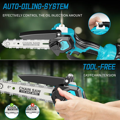 2-in-1 6 IN Electric Pole Saw & Mini Chainsaw, Cordless Battery Pole Saws for Tree Trimming, 21V Cordless Battery Chainsaw Powered with 2 Batteries, Lightweight Tree Trimming Tool for Small Branches