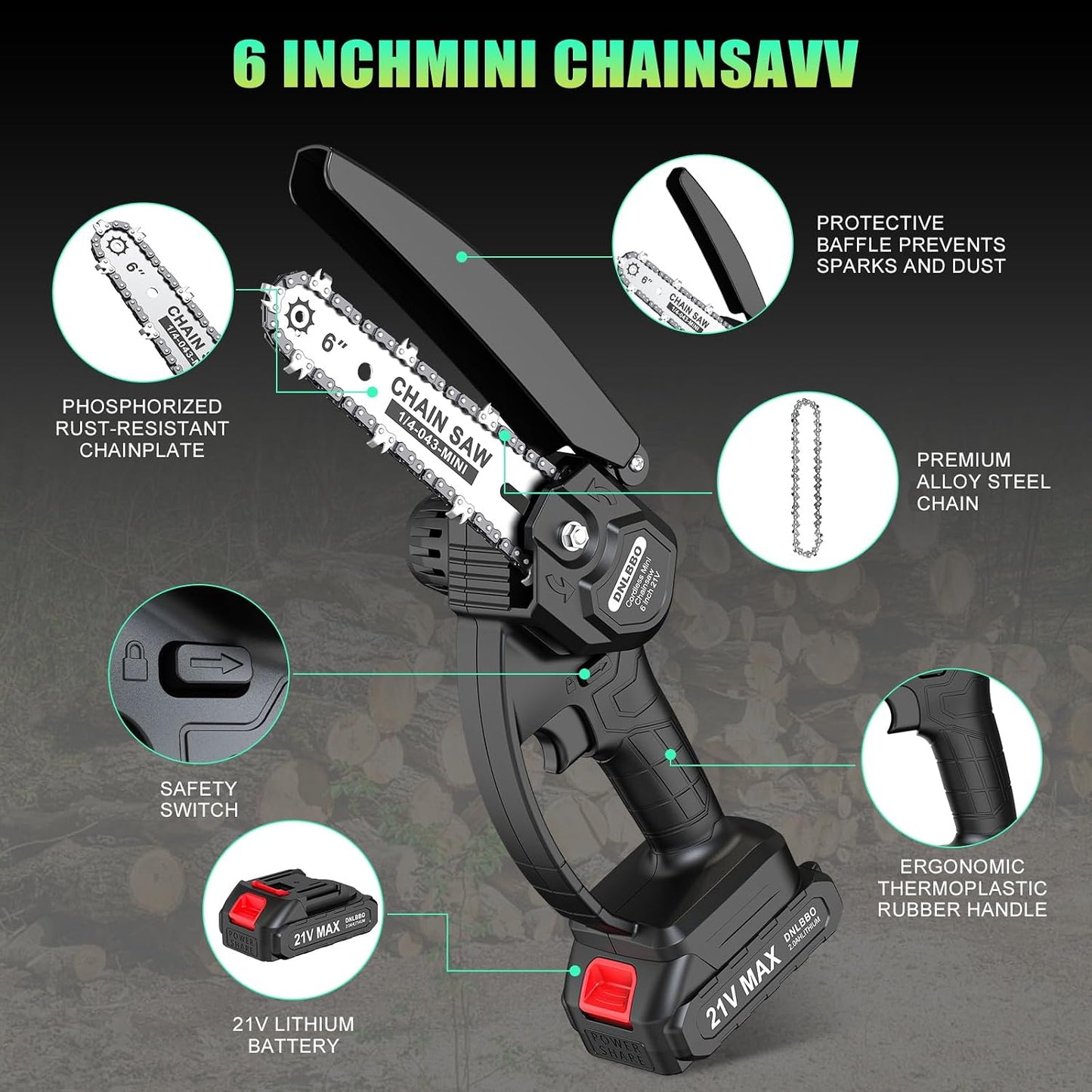 2-in-1 6 IN Electric Pole Saw & Mini Chainsaw, Cordless Battery Pole Saws for Tree Trimming, 21V Cordless Battery Chainsaw Powered with 2 Batteries, Lightweight Tree Trimming Tool for Small Branches