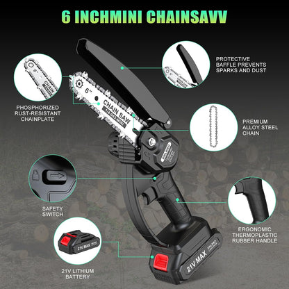 2-in-1 6 IN Electric Pole Saw & Mini Chainsaw, Cordless Battery Pole Saws for Tree Trimming, 21V Cordless Battery Chainsaw Powered with 2 Batteries, Lightweight Tree Trimming Tool for Small Branches