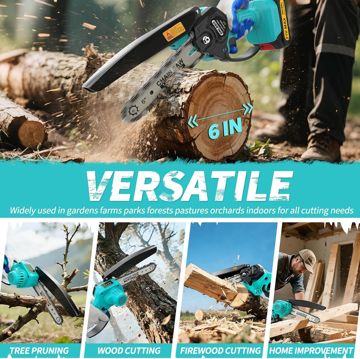 2-in-1 6 IN Electric Pole Saw & Mini Chainsaw, Cordless Battery Pole Saws for Tree Trimming, 21V Cordless Battery Chainsaw Powered with 2 Batteries, Lightweight Tree Trimming Tool for Small Branches