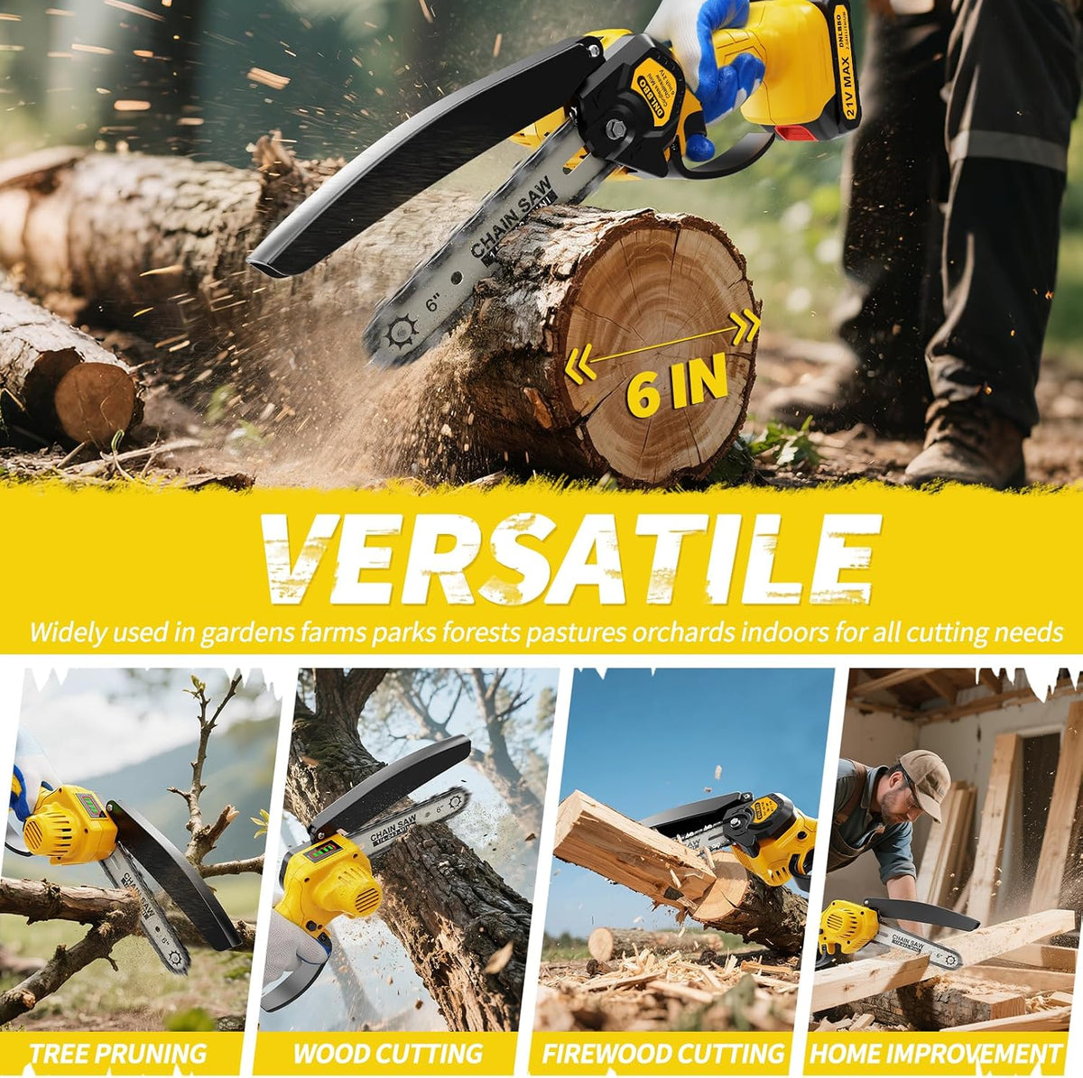 2-in-1 6 IN Electric Pole Saw & Mini Chainsaw, Cordless Battery Pole Saws for Tree Trimming, 21V Cordless Battery Chainsaw Powered with 2 Batteries, Lightweight Tree Trimming Tool for Small Branches