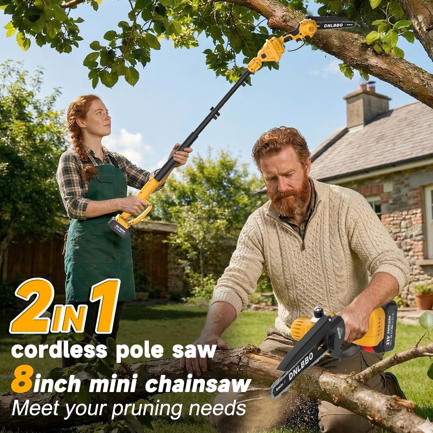 2-in-1 6 IN Electric Pole Saw & Mini Chainsaw, Cordless Battery Pole Saws for Tree Trimming, 21V Cordless Battery Chainsaw Powered with 2 Batteries, Lightweight Tree Trimming Tool for Small Branches