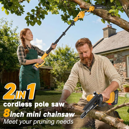 2-in-1 6 IN Electric Pole Saw & Mini Chainsaw, Cordless Battery Pole Saws for Tree Trimming, 21V Cordless Battery Chainsaw Powered with 2 Batteries, Lightweight Tree Trimming Tool for Small Branches