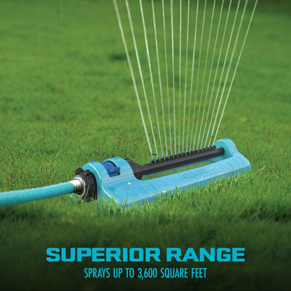 Oscillating Sprinkler with Adjustable Spray, 16 Clog-Resistant Nozzles, Metal Base & 3600 Square Foot Coverage, Compatible with Garden Hoses