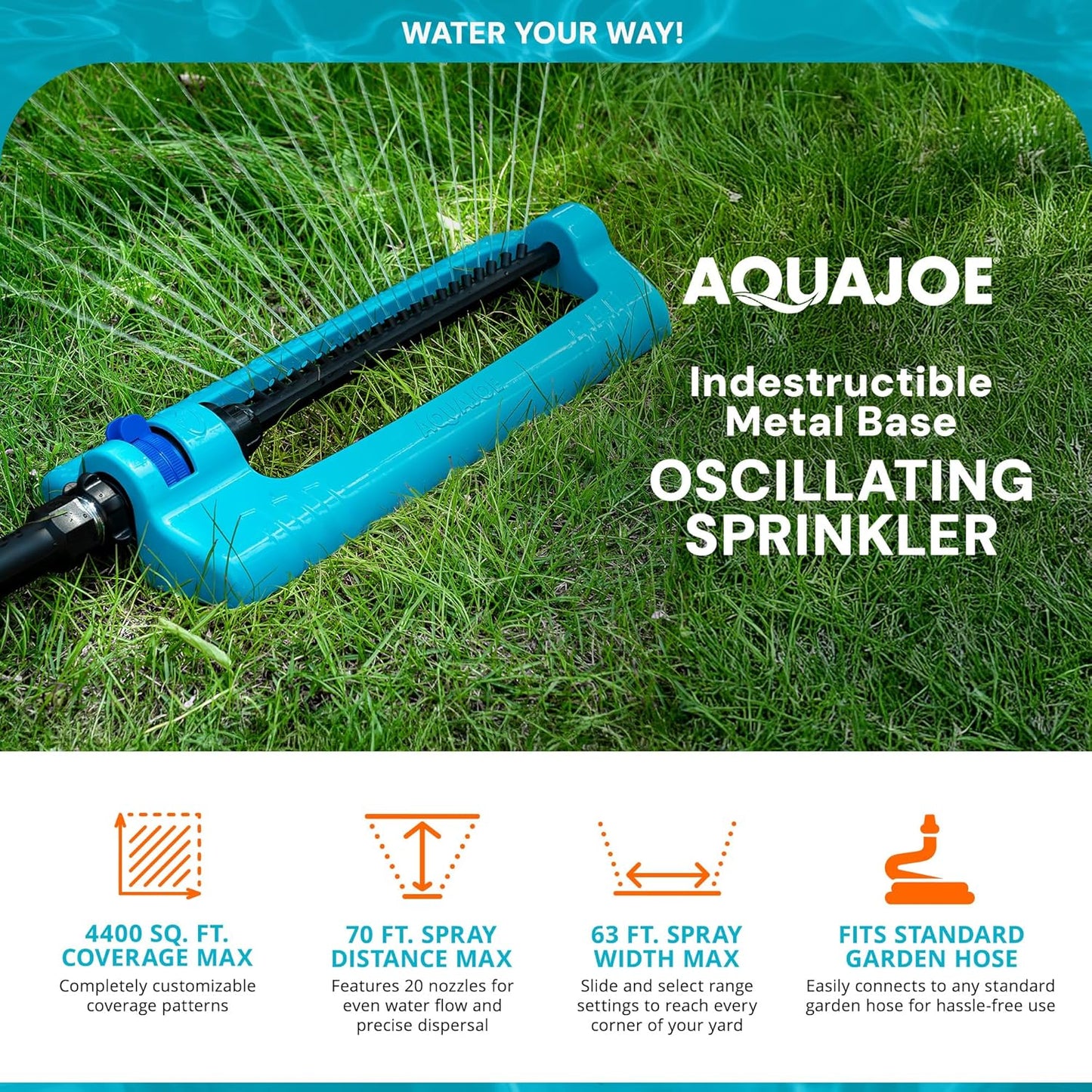Oscillating Sprinkler with Adjustable Spray, 16 Clog-Resistant Nozzles, Metal Base & 3600 Square Foot Coverage, Compatible with Garden Hoses