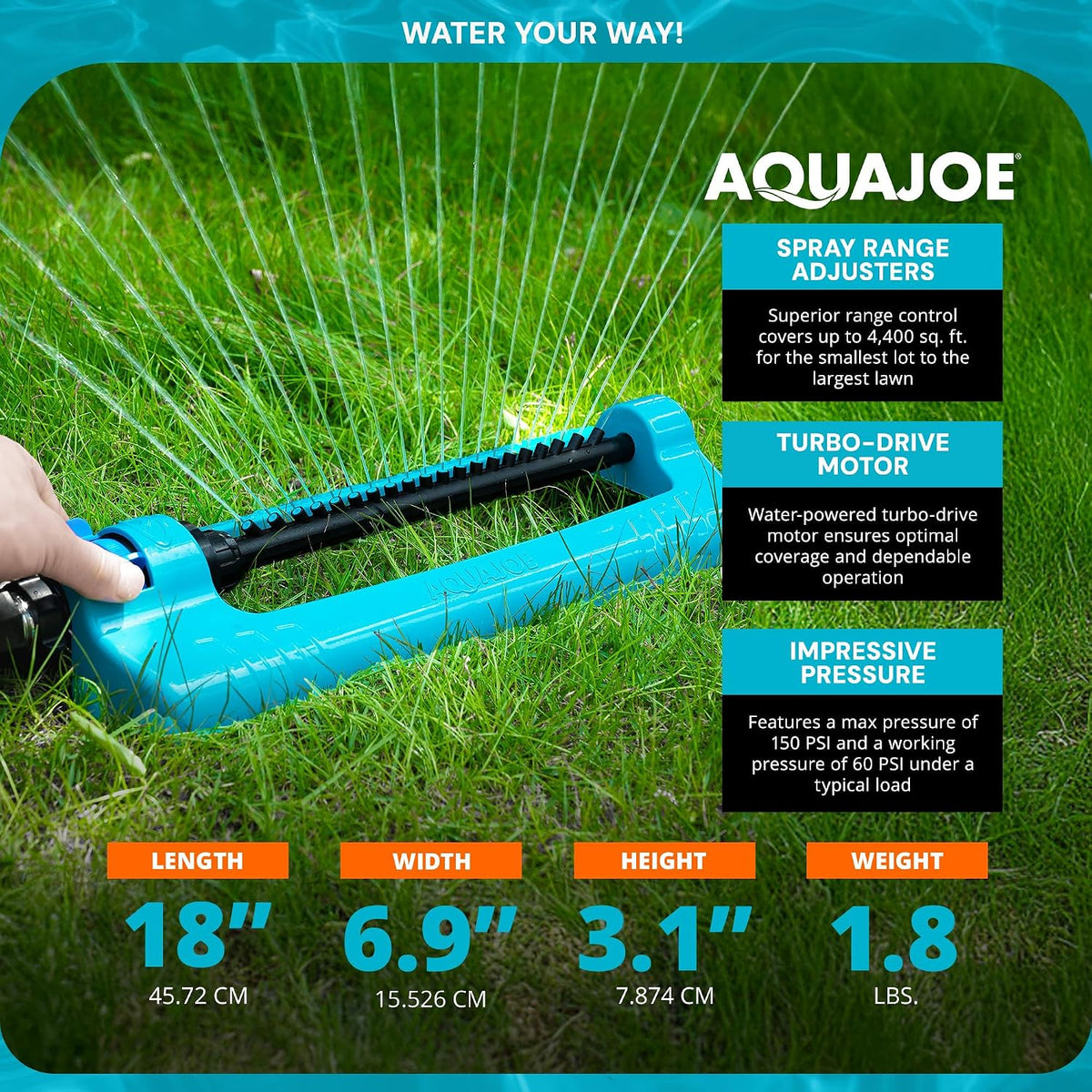 Oscillating Sprinkler with Adjustable Spray, 16 Clog-Resistant Nozzles, Metal Base & 3600 Square Foot Coverage, Compatible with Garden Hoses