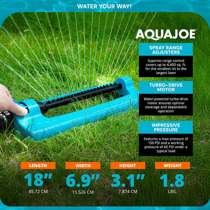 Oscillating Sprinkler with Adjustable Spray, 16 Clog-Resistant Nozzles, Metal Base & 3600 Square Foot Coverage, Compatible with Garden Hoses