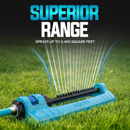 Oscillating Sprinkler with Adjustable Spray, 16 Clog-Resistant Nozzles, Metal Base & 3600 Square Foot Coverage, Compatible with Garden Hoses