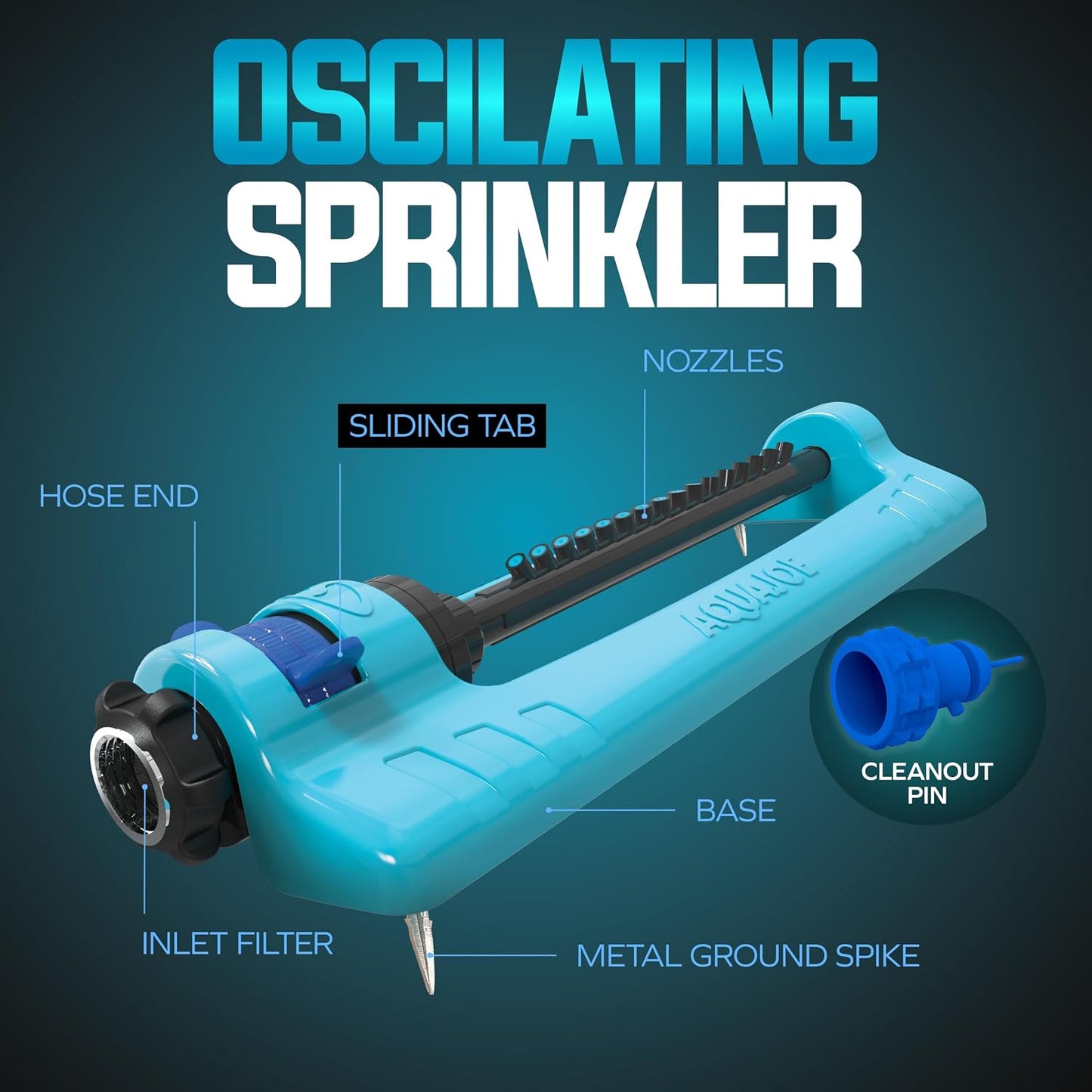 Oscillating Sprinkler with Adjustable Spray, 16 Clog-Resistant Nozzles, Metal Base & 3600 Square Foot Coverage, Compatible with Garden Hoses