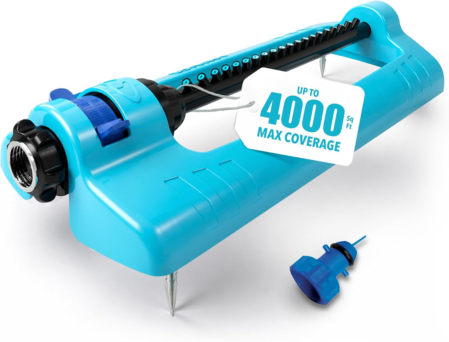 Oscillating Sprinkler with Adjustable Spray, 16 Clog-Resistant Nozzles, Metal Base & 3600 Square Foot Coverage, Compatible with Garden Hoses