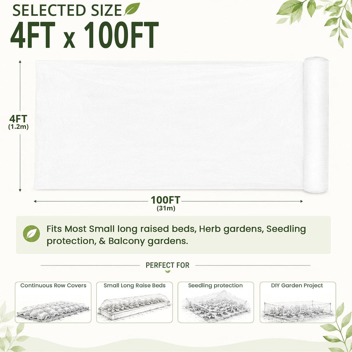 Roll Packed 5x100FT Garden Netting, Fine Mesh Insect Barrier for Plants