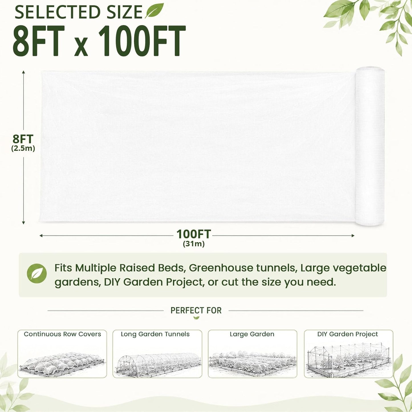 Roll Packed 5x100FT Garden Netting, Fine Mesh Insect Barrier for Plants