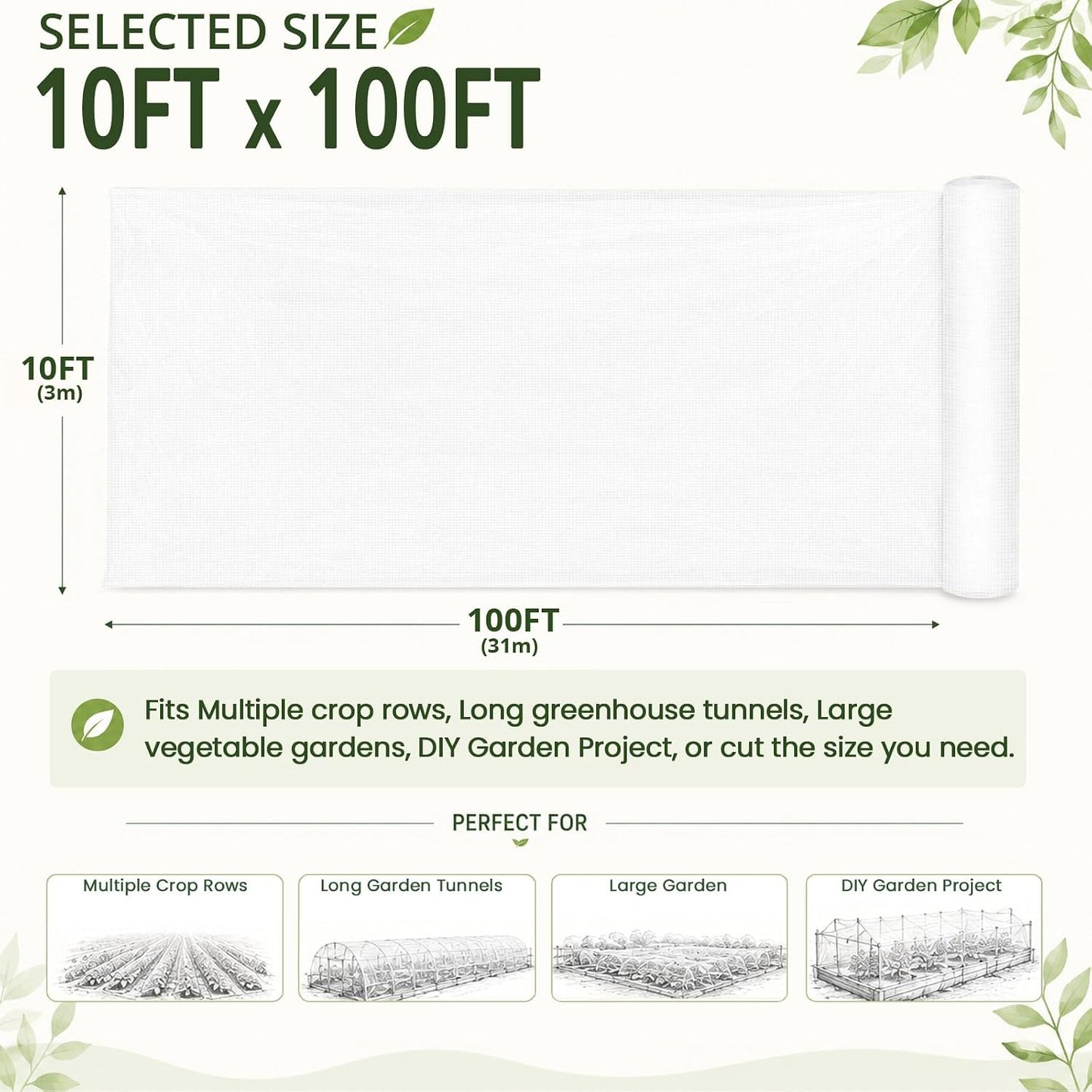 Roll Packed 5x100FT Garden Netting, Fine Mesh Insect Barrier for Plants