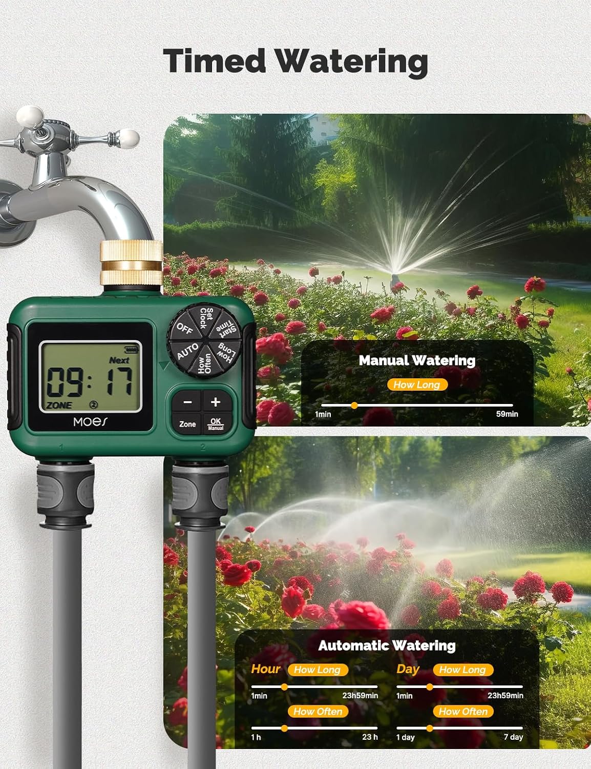 2 Zone Sprinkler Timer for Garden Hose,Brass Inlet Water Timer