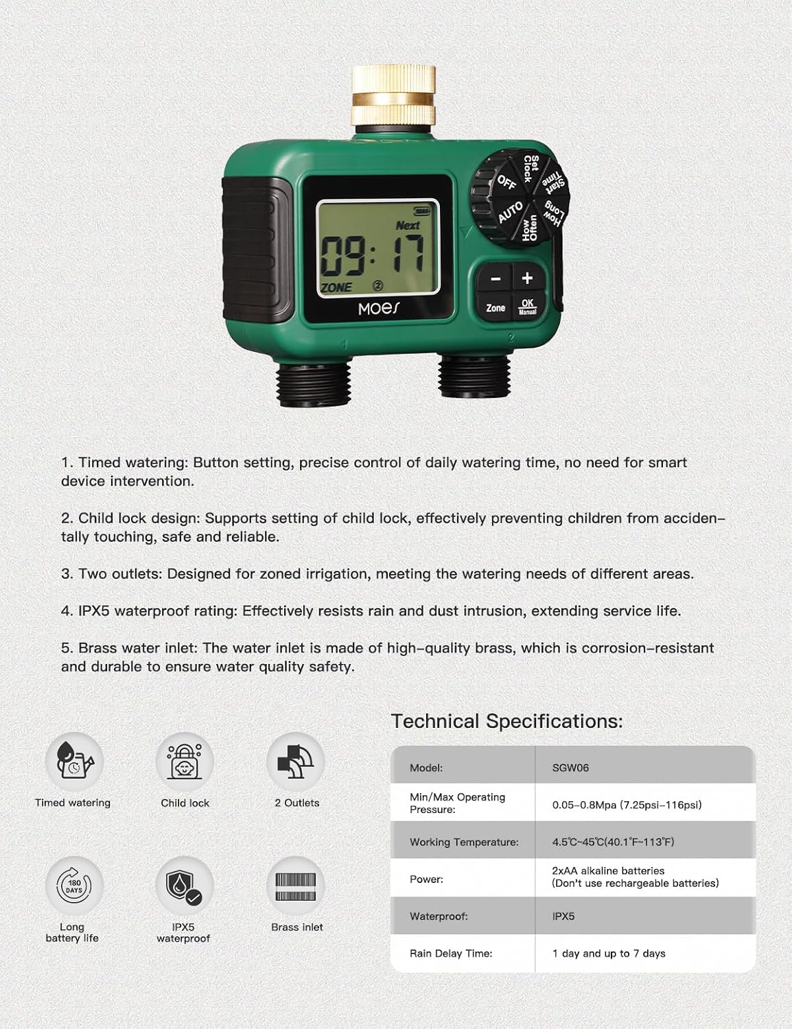 2 Zone Sprinkler Timer for Garden Hose,Brass Inlet Water Timer
