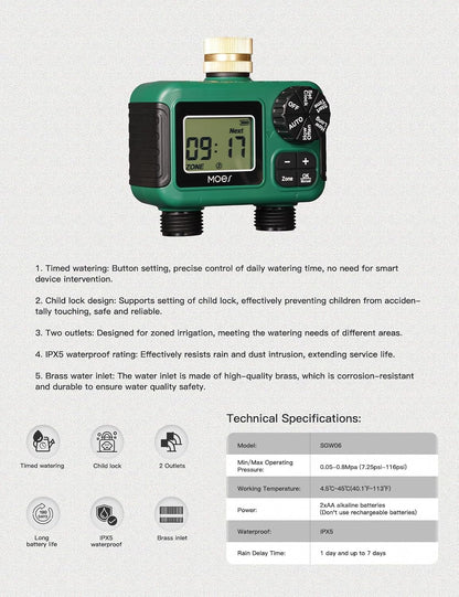 2 Zone Sprinkler Timer for Garden Hose,Brass Inlet Water Timer