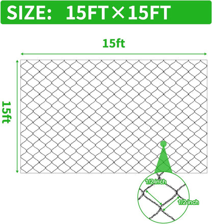 15x15 FT Bird Netting, 1/2" Mesh, Heavy Duty Garden Netting