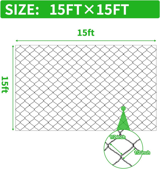 15x15 FT Bird Netting, 1/2" Mesh, Heavy Duty Garden Netting