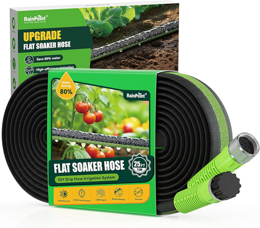 Soaker Hose 25FT, 80% Water-Saving Flat Drip Hose, Leakproof and Flexible with Anodized Aluminum Ends, Double Layer Gardening Irrigation Hoses for Gardens, Vegetables and Trees, Green