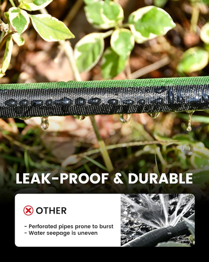 Soaker Hose 25FT, 80% Water-Saving Flat Drip Hose, Leakproof and Flexible with Anodized Aluminum Ends, Double Layer Gardening Irrigation Hoses for Gardens, Vegetables and Trees, Green