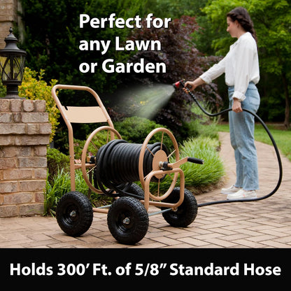 Liberty Garden Industrial 4 Wheel 300 Foot of 0.625 Inch Hose Steel Frame Water Hose Reel Cart for Backyard, Garden, or Lawn, Beige
