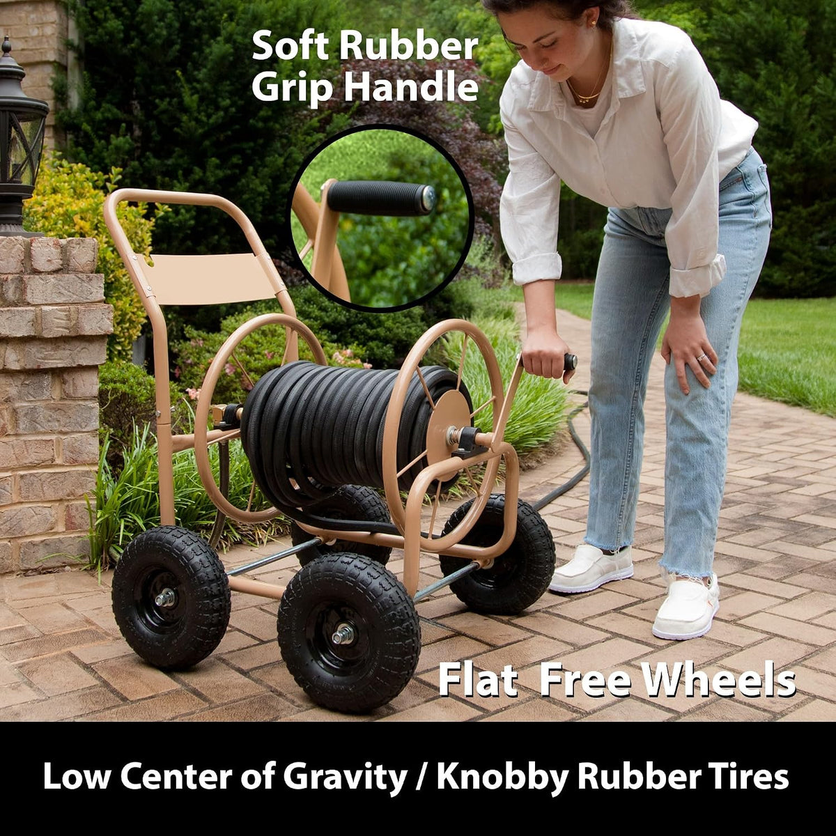 Liberty Garden Industrial 4 Wheel 300 Foot of 0.625 Inch Hose Steel Frame Water Hose Reel Cart for Backyard, Garden, or Lawn, Beige