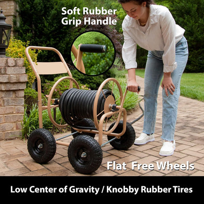 Liberty Garden Industrial 4 Wheel 300 Foot of 0.625 Inch Hose Steel Frame Water Hose Reel Cart for Backyard, Garden, or Lawn, Beige