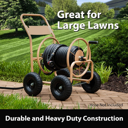 Liberty Garden Industrial 4 Wheel 300 Foot of 0.625 Inch Hose Steel Frame Water Hose Reel Cart for Backyard, Garden, or Lawn, Beige