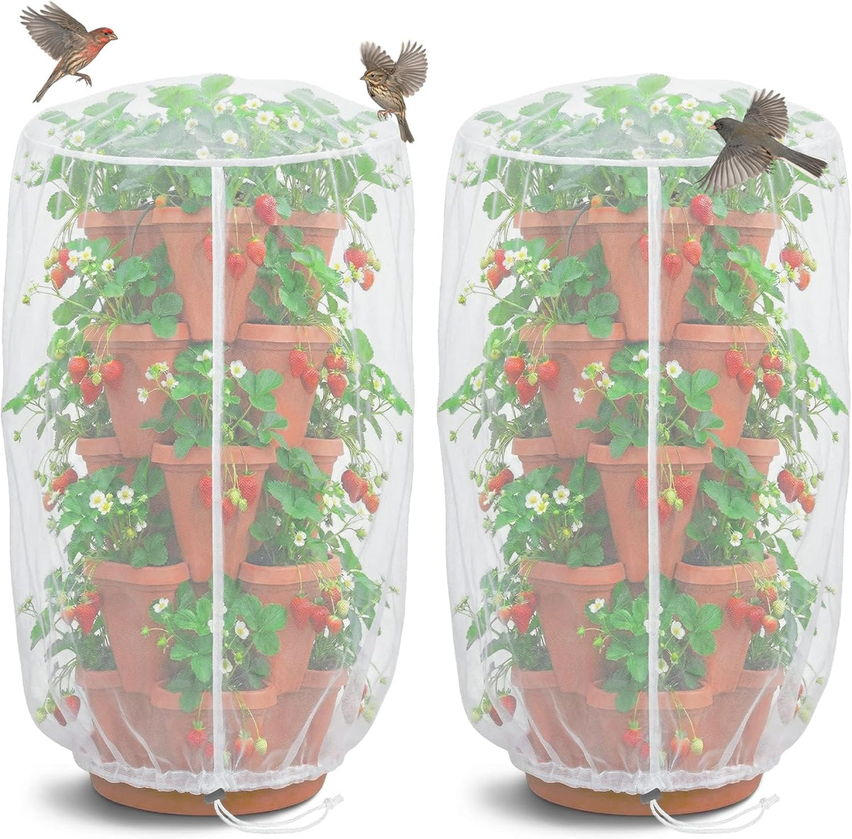 2 Pcs Vertical Plant Pot Insect Netting,5-Tier Stackable Planter Garden Net Cover for Strawberry, Planter Pot Protection Mesh with Drawstring for Strawberry Herb Vegetable Flower Fruit