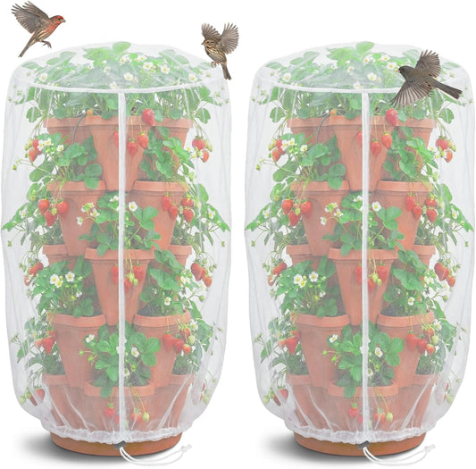 2 Pcs Vertical Plant Pot Insect Netting,5-Tier Stackable Planter Garden Net Cover for Strawberry, Planter Pot Protection Mesh with Drawstring for Strawberry Herb Vegetable Flower Fruit