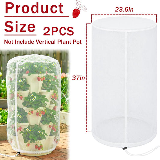 2 Pcs Vertical Plant Pot Insect Netting,5-Tier Stackable Planter Garden Net Cover for Strawberry, Planter Pot Protection Mesh with Drawstring for Strawberry Herb Vegetable Flower Fruit