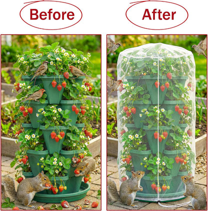 2 Pcs Vertical Plant Pot Insect Netting,5-Tier Stackable Planter Garden Net Cover for Strawberry, Planter Pot Protection Mesh with Drawstring for Strawberry Herb Vegetable Flower Fruit
