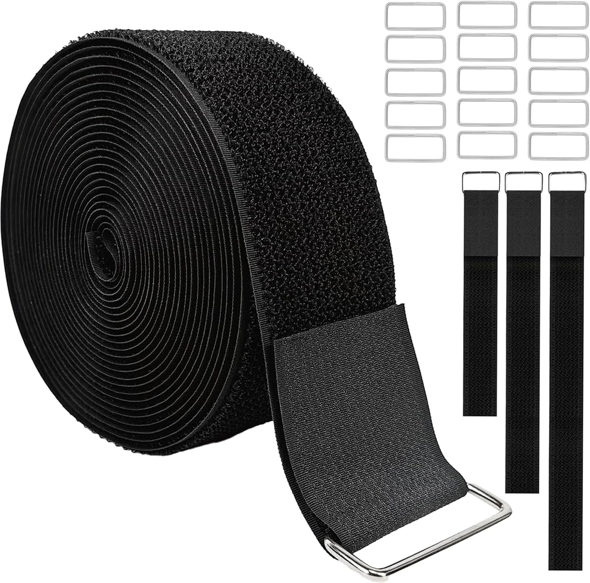 Hook and Loop Straps, 2'' x 16.5', Fastening Cinch Straps with 15 Metal Buckles, Cut to Length, Heavy Duty, Reusable Cable Straps, Cord Straps, 16.5 Feet Long Cord Strap for Storage and Organization
