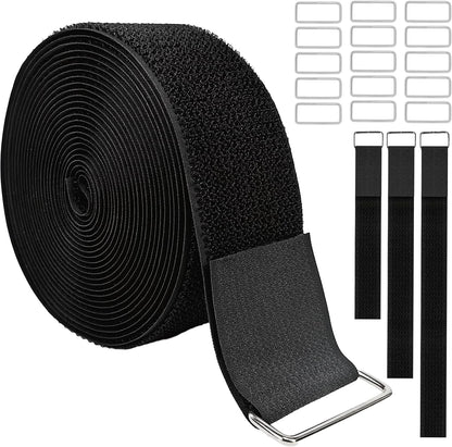 Hook and Loop Straps, 2'' x 16.5', Fastening Cinch Straps with 15 Metal Buckles, Cut to Length, Heavy Duty, Reusable Cable Straps, Cord Straps, 16.5 Feet Long Cord Strap for Storage and Organization