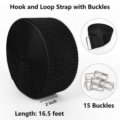 Hook and Loop Straps, 2'' x 16.5', Fastening Cinch Straps with 15 Metal Buckles, Cut to Length, Heavy Duty, Reusable Cable Straps, Cord Straps, 16.5 Feet Long Cord Strap for Storage and Organization