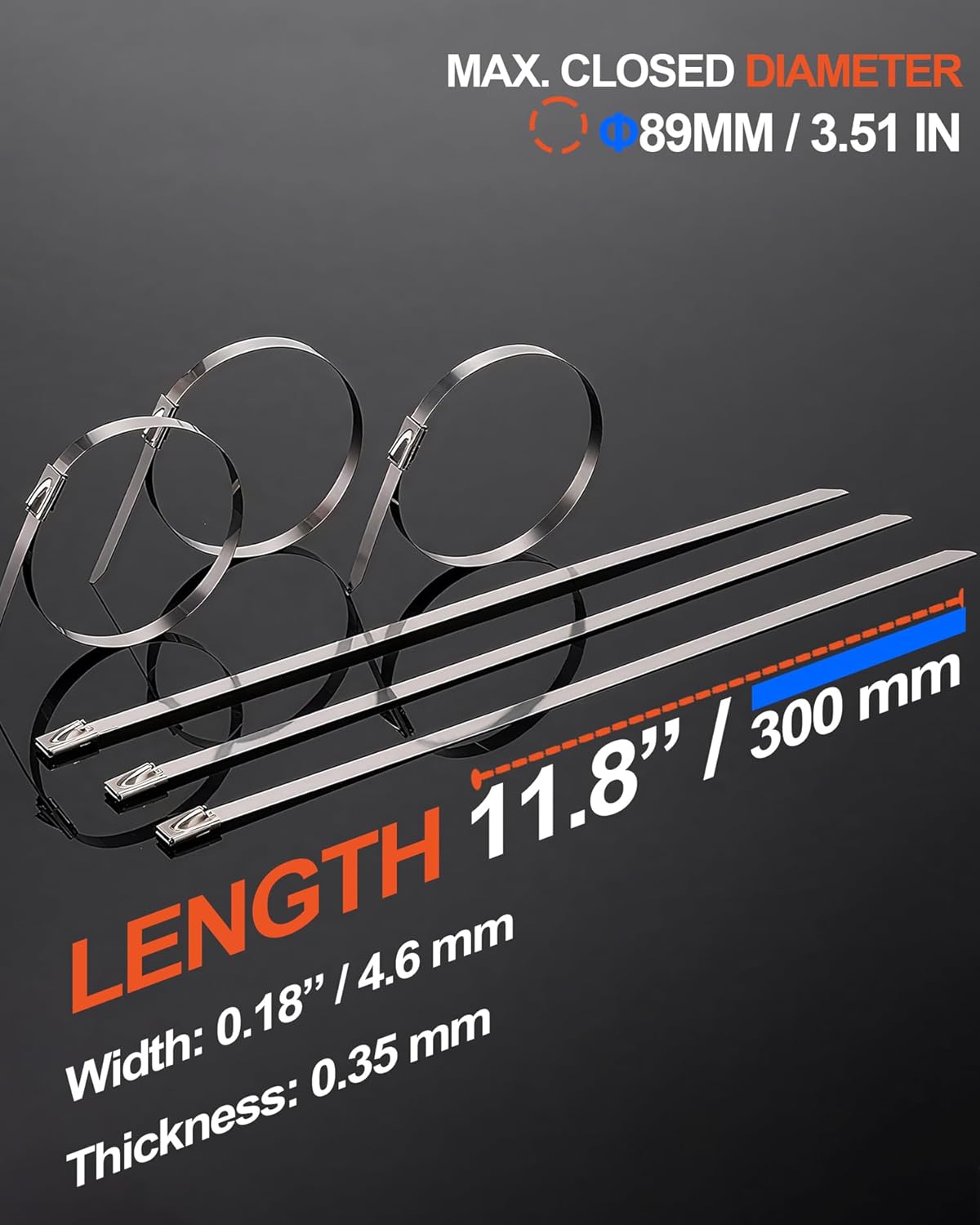 Metal Zip Ties (100PCS 11.8 Inch), 304 Stainless Steel, Heavy Duty Self-locking Cable Ties, for Exhaust Wrap, Chain Link Fence Parts, Heat Resistant Fencing Tie. for Pipe, Auto repair.