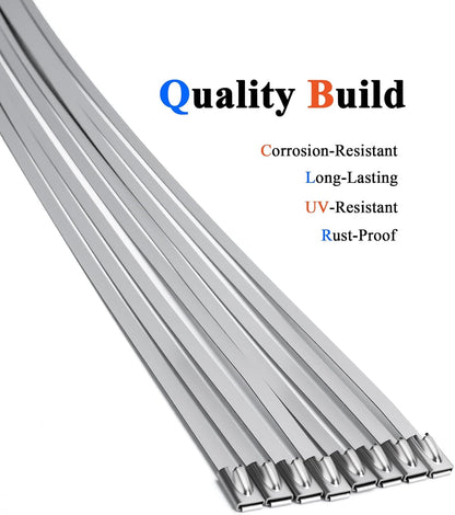 Metal Zip Ties (100PCS 11.8 Inch), 304 Stainless Steel, Heavy Duty Self-locking Cable Ties, for Exhaust Wrap, Chain Link Fence Parts, Heat Resistant Fencing Tie. for Pipe, Auto repair.