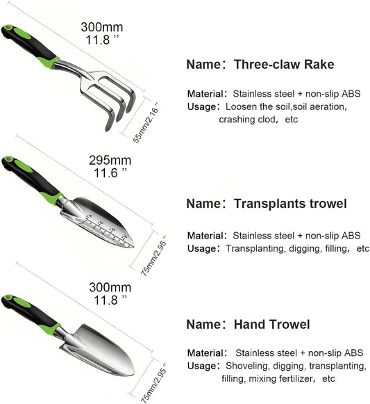 Gardening Hand Tool Set 3 Pack - MDSXO Heavy Duty Gardening Kit with Non-Slip Soft Ergonomic Handle, Great Garden Gift for Women Men[Stainless Steel]