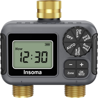 2 Outlets Sprinkler Timer with Brass Inlet & Outlet, Water Timer for Garden Hose with Auto/Manual Modes + Rain Delay, Hose Timers for Garden, Yard Lawn, IPX5 Waterproof & Save Water
