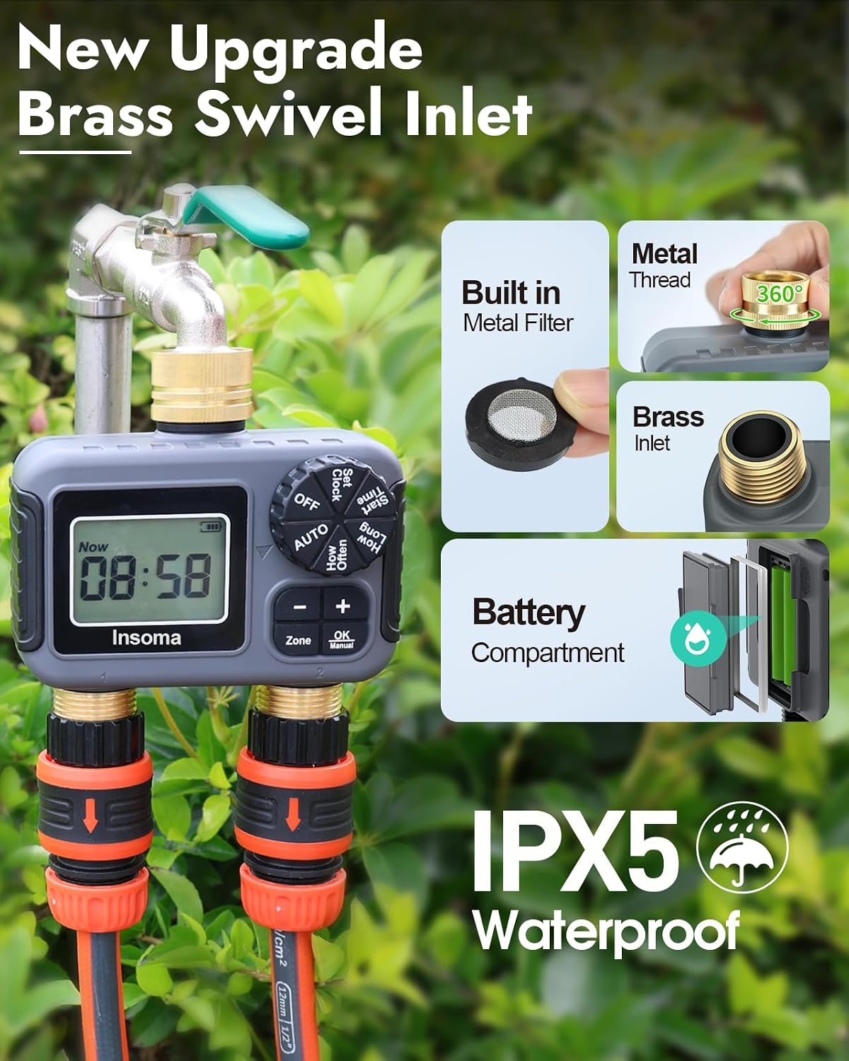 2 Outlets Sprinkler Timer with Brass Inlet & Outlet, Water Timer for Garden Hose with Auto/Manual Modes + Rain Delay, Hose Timers for Garden, Yard Lawn, IPX5 Waterproof & Save Water